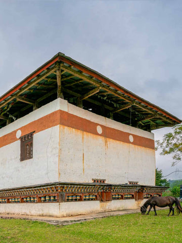 Photo of a Horse & Village Temple, Bhutan