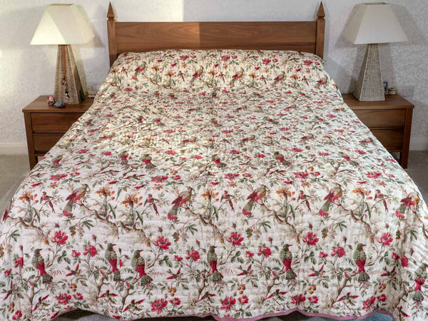 Red Birds, Green Flowers Indian Cotton Quilt