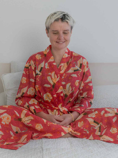 Red Cotton Robe with Beautiful Golden Cranes