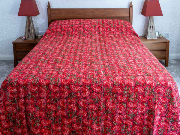 Red Floral Kantha Indian Bedspread 