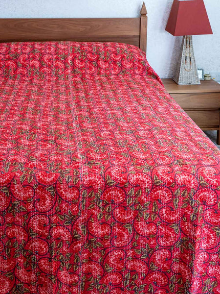 Red Floral Kantha Indian Bedspread 
