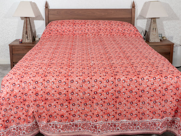 Red Floral Reversible Dohar Indian Bedspread 