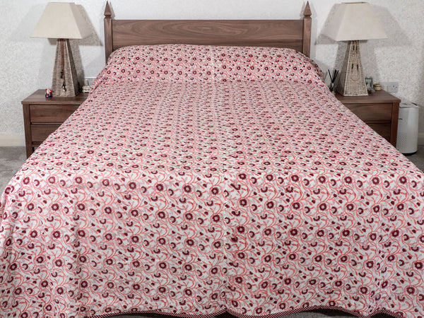 Red Floral Reversible Dohar Indian Bedspread 