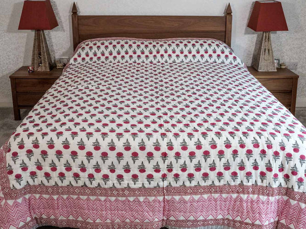 Red Flower Print Reversible Indian Cotton Quilt