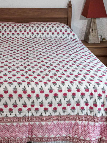 Red Flower Print Reversible Indian Cotton Quilt
