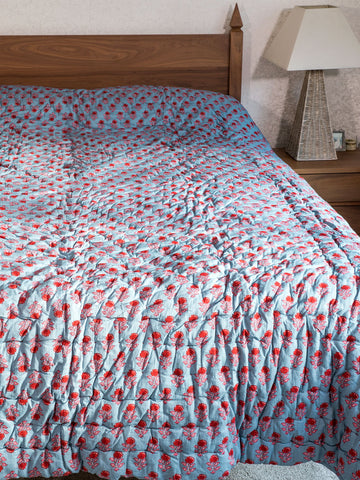 Red Flower on Soft Blue Indian Cotton Quilt