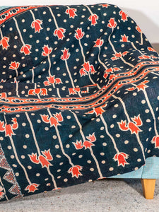 Red Tulips on Navy Vintage Kantha Throw