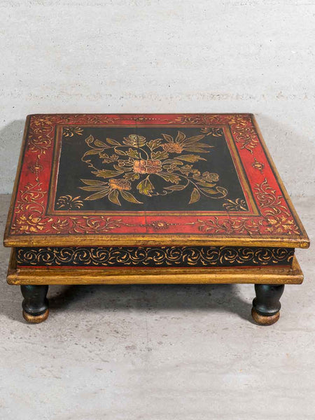 Red & Black Low Table with Floral Painting