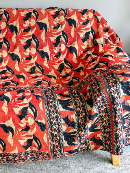 Red & Charcoal Abstract Print Kantha Throw 
