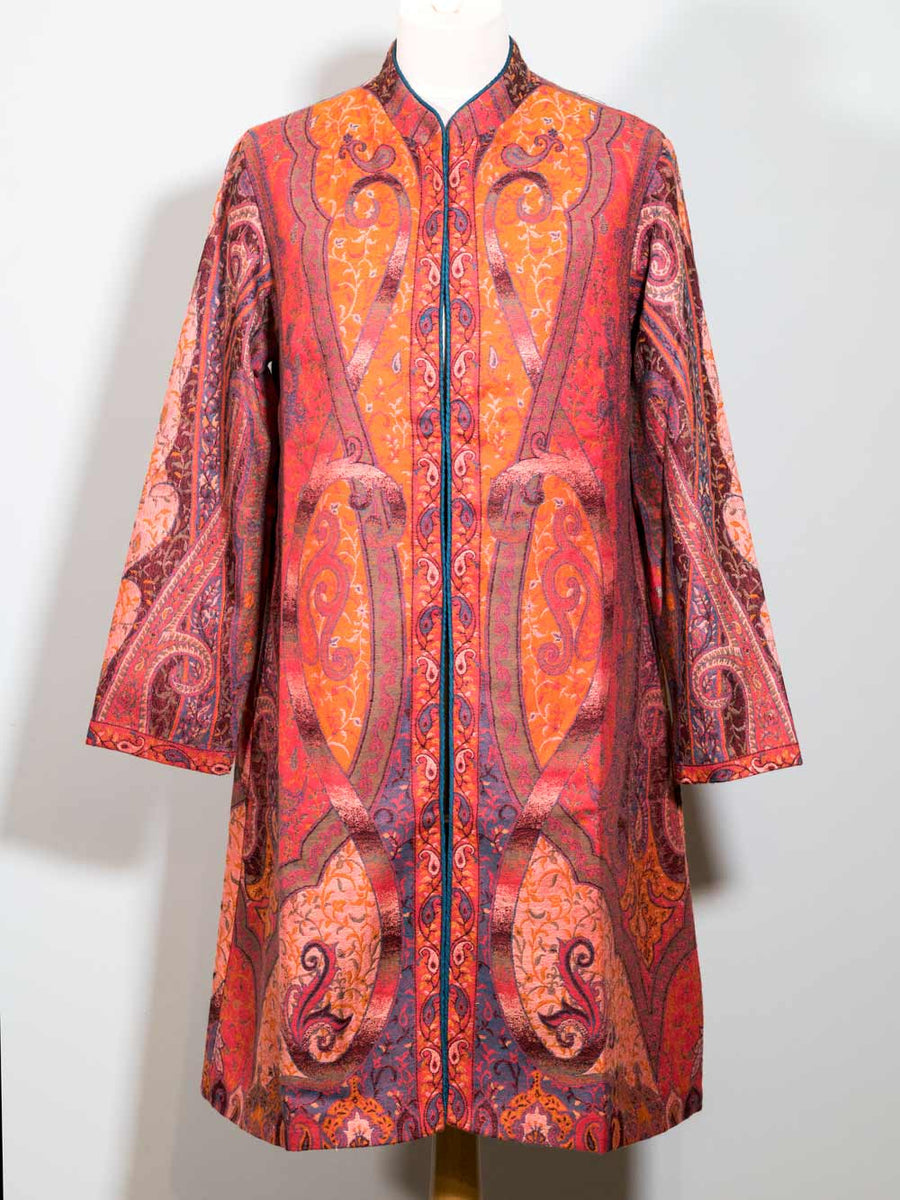 Red & Gold Kani Weave Kashmiri Wool Coat | Silk Road Gallery