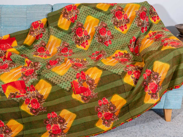 Red, Green, Gold Floral Kantha Throw 