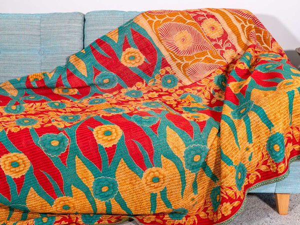 Red, Green, Gold Floral Kantha Throw 