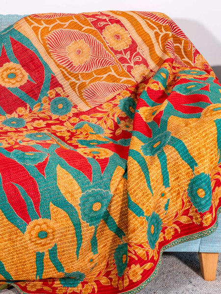 Red, Green, Gold Floral Kantha Throw 