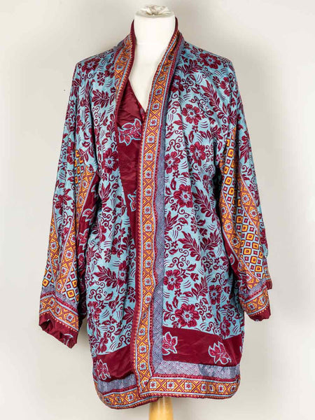 Red & Sky Blue Patterned Indian Kimono