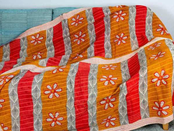 Red, Yellow & Blue Floral Kantha Throw 