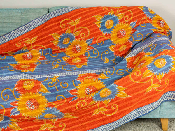 Red, Yellow & Blue Floral Kantha Throw 