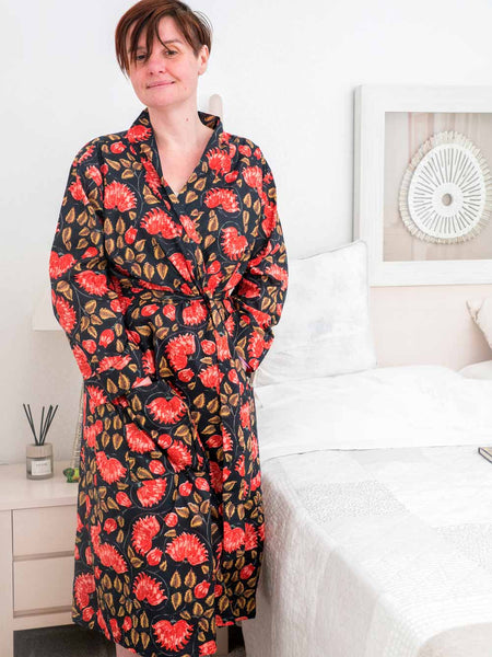 Red on Black Floral Printed Cotton Robe