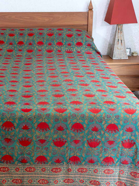 Red on Green Floral Printed Indian Bedspread