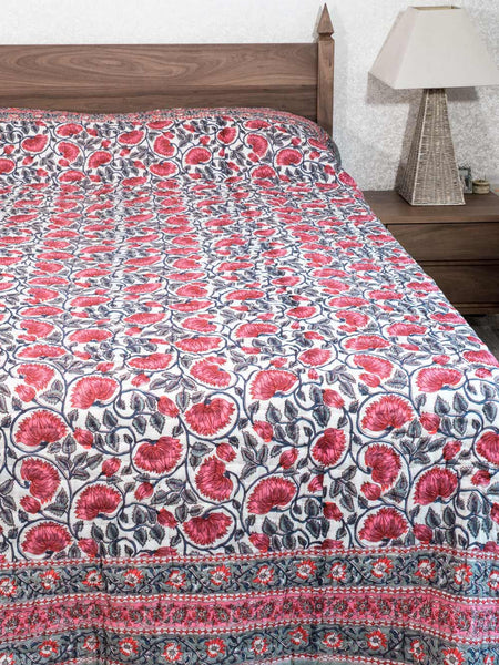Sage Green & Hibiscus Floral Indian Cotton Quilt