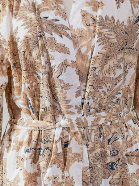 Sand Coloured Leaf Print on White Cotton Robe