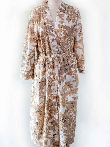 Sand Coloured Leaf Print on White Cotton Robe