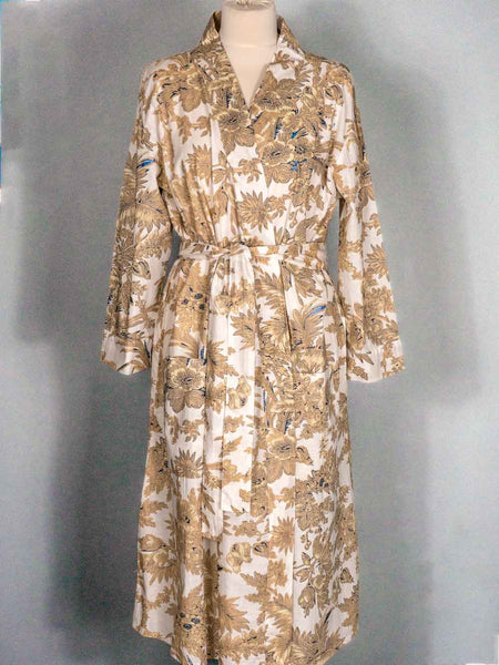 Sand Coloured Leaf Print on White Cotton Robe