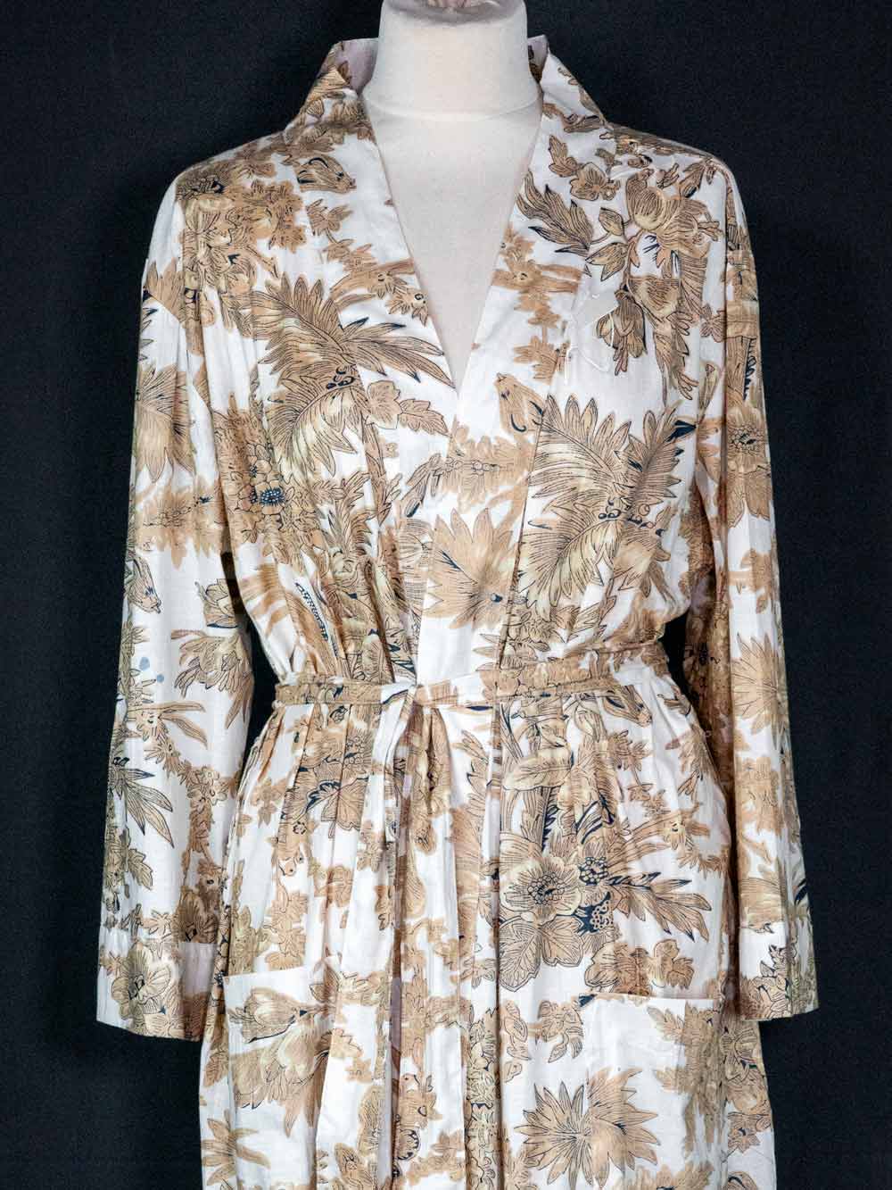 Sand Coloured Leaf Print on White Cotton Robe