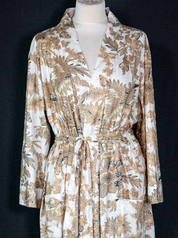 Sand Coloured Leaf Print on White Cotton Robe