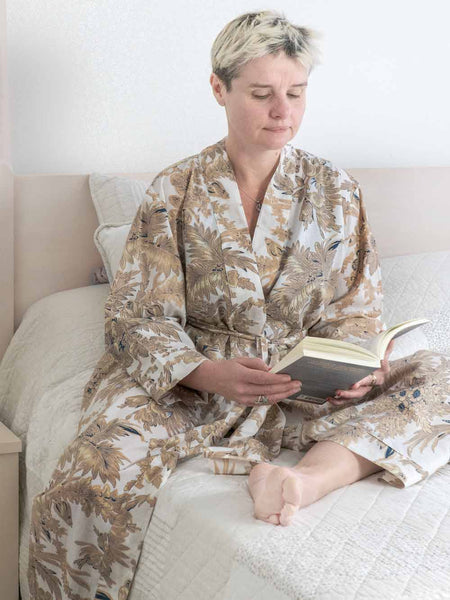 Sand Coloured Leaf Print on White Cotton Robe