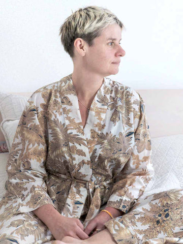 Sand Coloured Leaf Print on White Cotton Robe