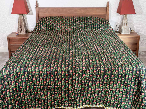 Small floral patterned quilted Indian cotton bedspread 