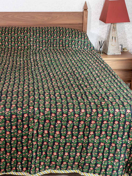 Small floral patterned quilted Indian cotton bedspread 