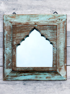 Small Square Distressed Teal Indian Mirror
