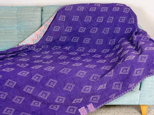 Soft Blue, Coral & Purple Kantha Throw 