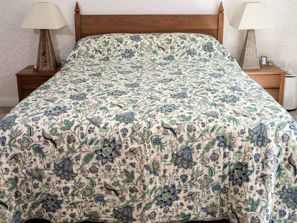 Soft Blue & Green Floral Indian Cotton Quilt
