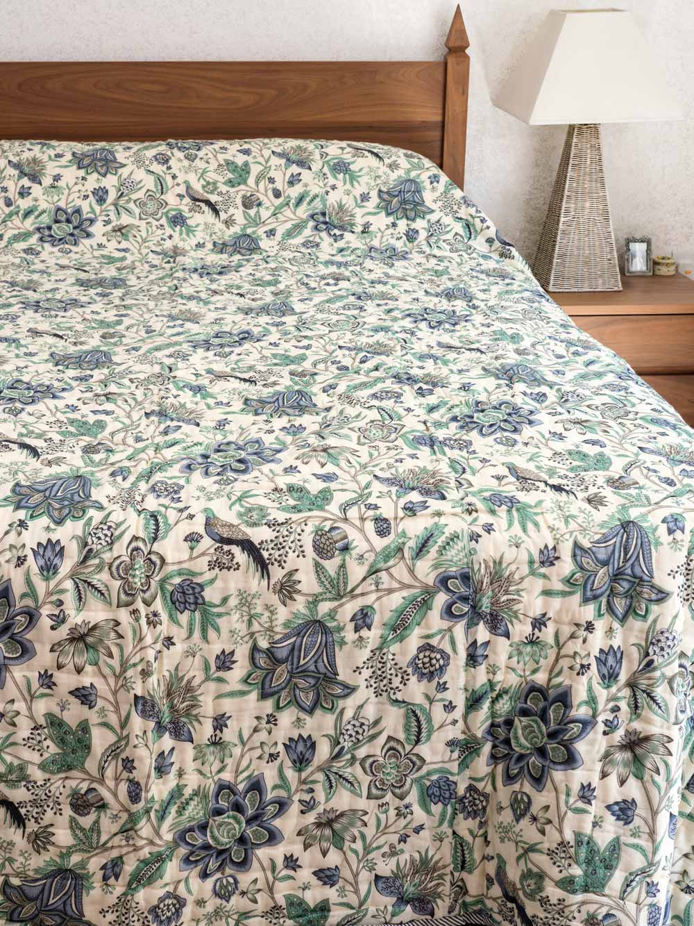Soft Blue & Green Floral Indian Cotton Quilt