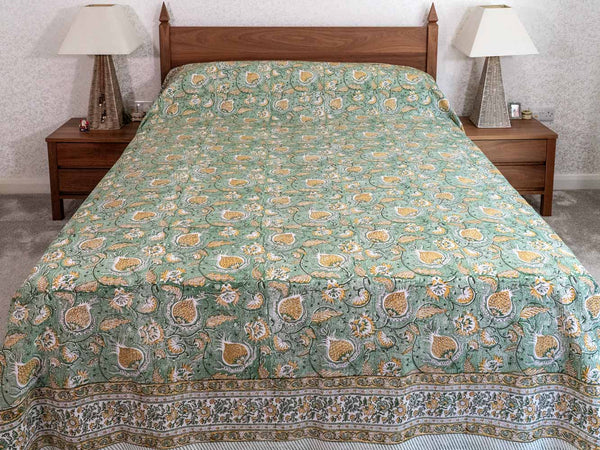 Soft Green & Ochre Floral Indian Bedspread