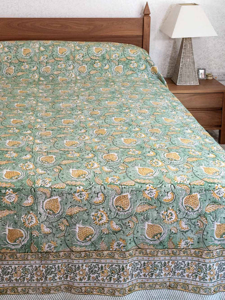 Soft Green & Ochre Floral Indian Bedspread