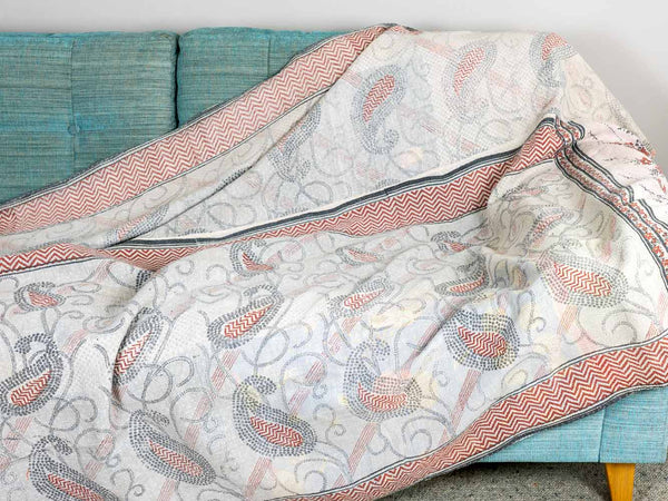 Soft Red, Grey & White Mango Pattern Kantha Throw 
