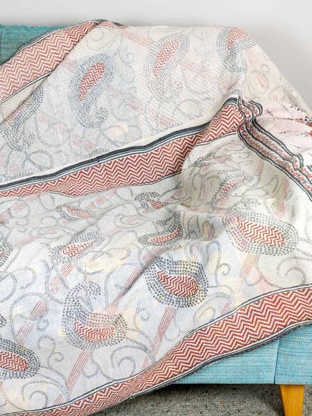 Soft Red, Grey & White Mango Pattern Kantha Throw 