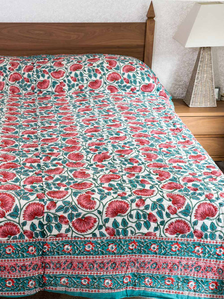 Soft Red & Jade Floral Indian Cotton Quilt
