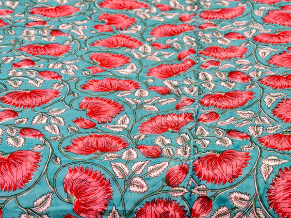 Soft Red & Jade Floral Indian Cotton Quilt