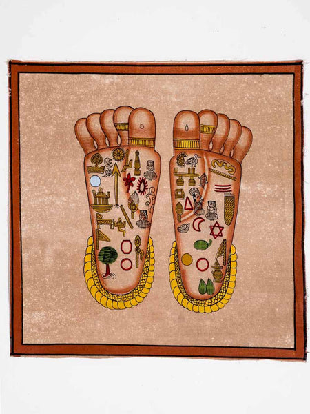 Illustration of feet with various symbols and designs on a beige background