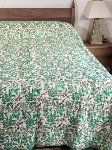 Turquoise Floral Print Indian Cotton Quilt 