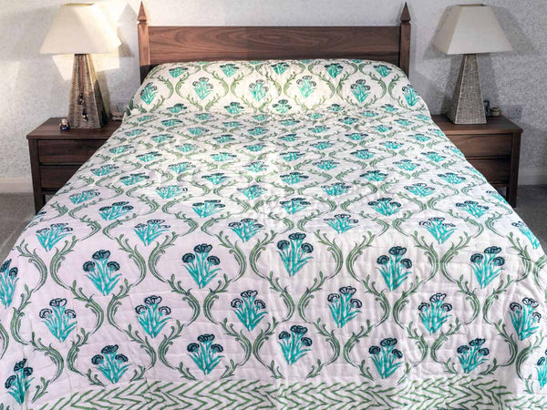 Turquoise Floral Print Indian Cotton Quilt 