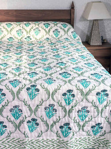 Turquoise Floral Print Indian Cotton Quilt 