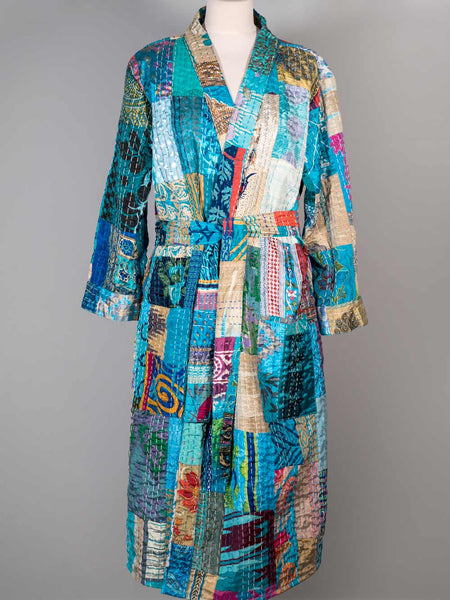 Turquoise Art Silk Patchwork Dressing Gown
