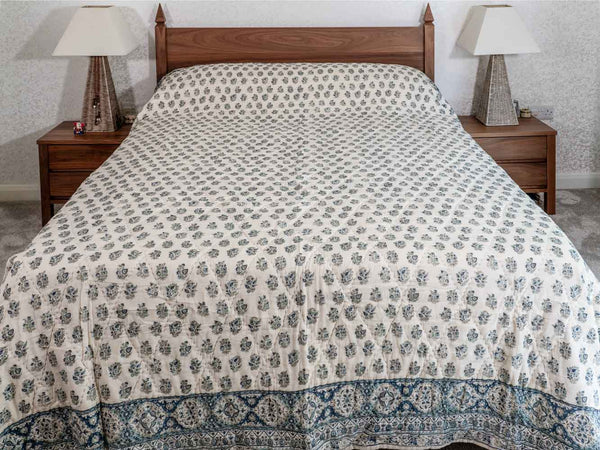 Two Tone Blue Floral Indian Cotton Quilt 