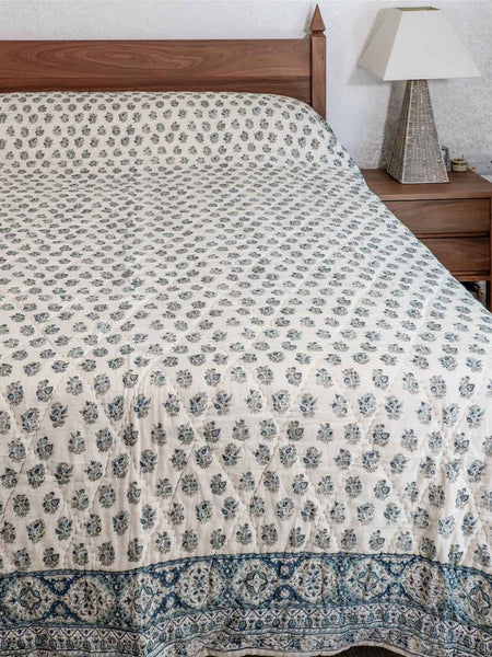 Two Tone Blue Floral Indian Cotton Quilt 
