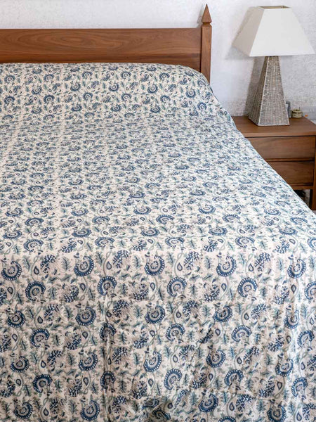 Two Tone Blue Floral Indian Cotton Quilt 